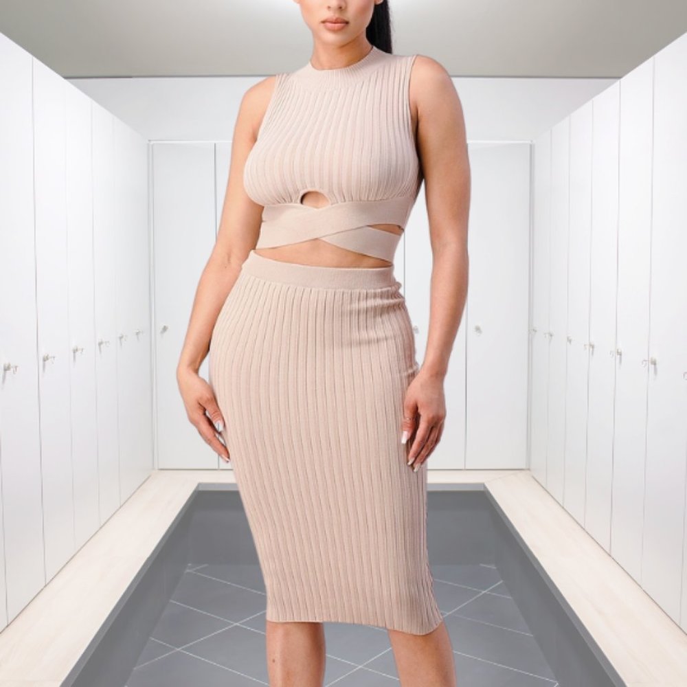 Nude Ribbed Knit Mock Neck Two Piece Set - NWT